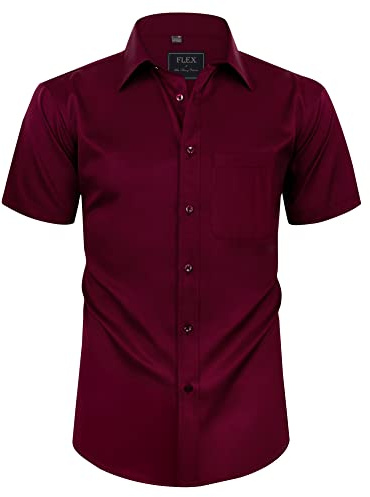 siliteelon Mens Shirts Short Sleeve Stretch Dress Regular Fit Casual Business Summer Shirt with Pocket Burgundy M