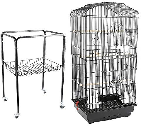Voliere Vogelkäfig auf Rollen, Design Haus, Sitzstangen, Türen, herausnehmbare Fäkalienten, Metall, Haustierprodukte, Käfig, mit Zubehör und Halterung mit Aufbewahrung, 61,5 x 43 x 137 cm