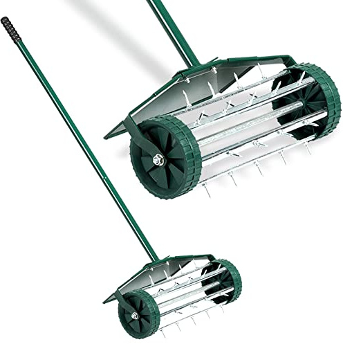 DORTALA Manueller Rasenbelüfter, Belüfter, Rasenwerkzeug mit Anti-Rutsch-Griff und Zinken-Spikes, Einfache Montage, Grasbelüfter für Rasen, Hof, Garten (mit Fender)