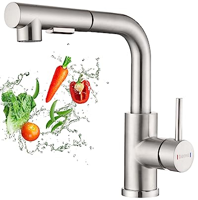 DAYONE Küchenarmatur mit Herausziehbarem Spray, SUS304 Edelstahl Hochdruck Wasserhahn Küche, Mischbatterie Küche mit 2 Funktionen, 360° schwenkbare Spültischarmatur Küche