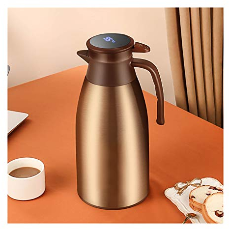 Glass Lined Thermal Carafe,Thermal Coffee Carafe Dispenser,Double Wall Vacuum Insulated Pitcher,Tea Pot with Lid,Temperature Display,Vacuum Thermal Pot Flask (Color : Gold, Size : 1.6L)