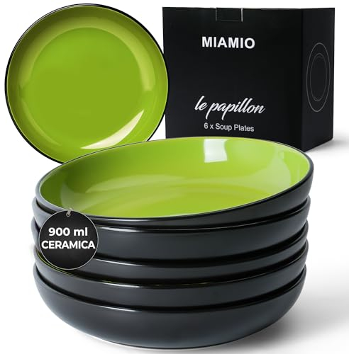 MIAMIO - Set di 22 cm per pasta/insalatiere da 900 ml, piatti per pasta larghi e bassi, grande piatto fondo in ceramica per servire zuppe - Collezione Le Papillon (Verde)