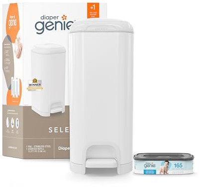 Diaper Genie Il secchio Select è realizzato in resistente acciaio inossidabile e include 1 ricarica quadrata di avviamento che può contenere fino a 165 pannolini per neonati.