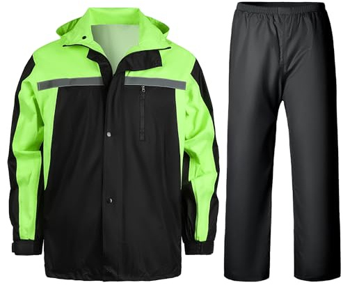 Yukirtiq Traje de Lluvia para Hombres y Mujeres Reflectantes Ropa de Lluvia Chaqueta de Lluvia de Pantalones Ciclismo Traje Impermeable, Verde, M