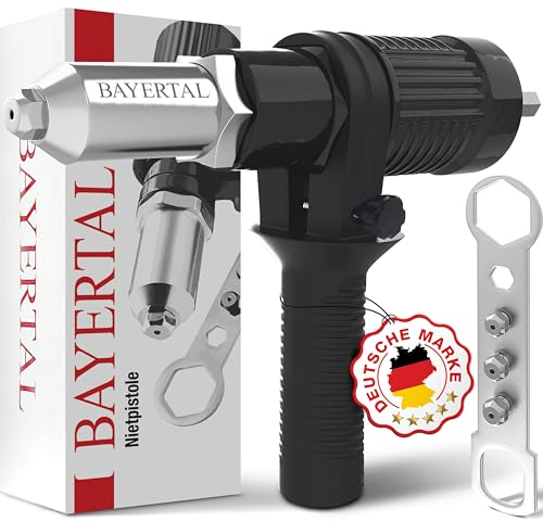 BAYERTAL® Set di rivettatrice per trapani e avvitatori – 4 boccole per rivetti – Adattatore professionale per rivetti ciechi, metallo, plastica, pelle – Struttura robusta – Pinza per rivetti Premium