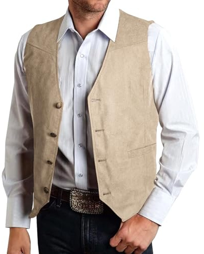 Hi-Tie Western Cowboy Vest for Men Suit Vest Dress Waistcoat Formal 2 Pocket Slim Fit Casual Party Gathering Farm Style,Beige,Large