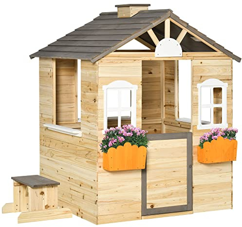 Outsunny Casa de Jardín Infantil de Madera Casa de Juegos Exterior para Niños de 3-7 Años con Ventanas 2 Jardineras y 1 Banco 113x94x134,5 cm Natural