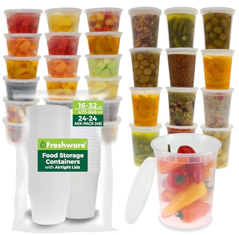 Freshware 48 Pack of 16 and 32 oz, 24 sets each size Food Storage Containers with Lids, Plastic Deli Containers, Meal Prep Containers, Microwave and Freezer Safe, Stackable, Leakproof, BPA Free, Clear