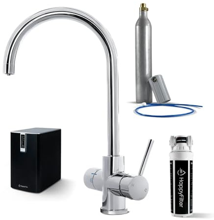 HappyFilter FizzRed Wassersprudler Wasserkocher | gekühlt | gesprudelt | kochend| 5in1 Chrom Wasserhahn | Kalkfilter | Wasserspender | Büro | Küche | Festwasseranschluss | 425g CO2 Adapter