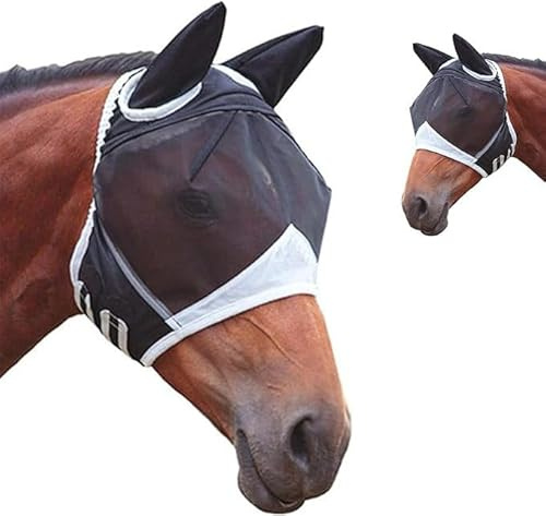Fliegenmasken für Pferde mit Ohren, Fliegenmaske Pferd uv Schutz, Atmungsaktive Pferdemaske Anti Moskito (Schwarz, L)