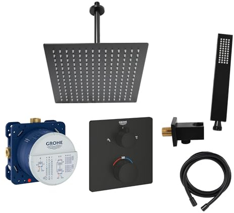 vanvilla Duschsystem Unterputz mit Duscharmatur Grohe schwarz GS06 SET | Duscharmatur von Grohe Grohtherm Thermostat Armatur und vanvilla Regendusche Duschkopf eckig, Dusch-SET schwarz matt