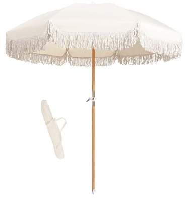 ELZEM Weiß Balkonschirm Mit Quasten 180cm Gartenschirm Neigbar Sonnenschirm Uv Schutz Strandschirm Wasserdicht Terrassenschirm Mit Tragetasche Für Terrasse Balkon Pool/8 Rippen