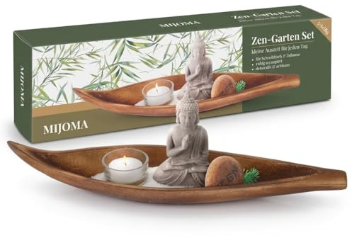 MIJOMA Buddha Zen Garten-Set 37,5 cm – Holzschale mit Figur, Teelichthalter und Dekosand – Meditative Tischdeko für Büro, Wohnzimmer und Ruheinseln