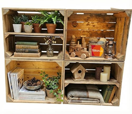 Teramico gebrauchte Vintage Obstkisten (4er Set | 2 x Ablage Lang) | Gereinigte Kisten aus dem Obstanbau (50x40x30cm): massiv, stabil, sortiert und wahlweise auch mit geflammtem Zwischenboden!