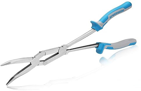 13-Inch Dual Pivot Pliers Bent Long Nose Dual Material Pliers Double Joint Bent Long Nose Plier Long Reach Pliers Bent Needle Nose Pliers Extra Long Reach Compound Action Pliers
