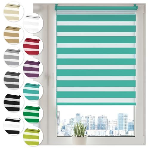 Doppelrollo Klemmfix ohne Bohren 35cm x 130cm Türkis Duo Rollo Klemmrollo Sonnenschutzrollo Fensterrollo für Fenster & Türen Zebrarollo Seitenzugrollo