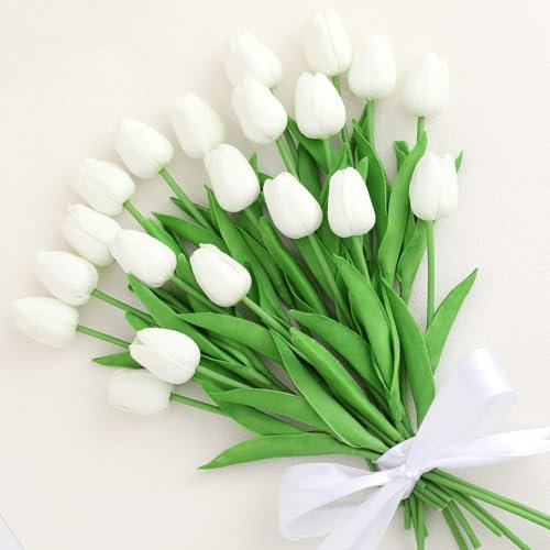 20 PCS Artificial Tulips, Artificial Flowers for Graves, Decoration, Garden and Outdoors, Fake Tulip Faux Flowers That Look Real Artificial Flowers in Vase White Artificial Flower Gift Tulips Cream