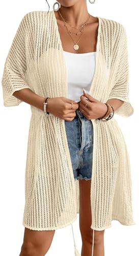 Bsubseach Dam sexig spets virkad öppen front baddräkt strand lång kimono skydd ups, Z-beige, En Storlek