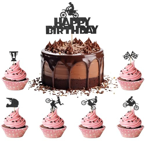 Motorcycle Cupcake Topper, Dirt Bike Birthday Party Decorations 24 Pcs Black Glitter Motocross Theme Birthday Party Cake Topper, Birthday Party Cake Decorations Supplies
