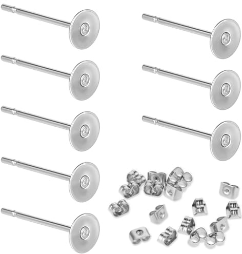 400 Stück Ohrstecker Rohlinge, Edelstahl Ohrringe mit Flachem Polster, Flache Runde Metall Ohrstecker, DIY-Schmuckherstellung, Silber 4 MM