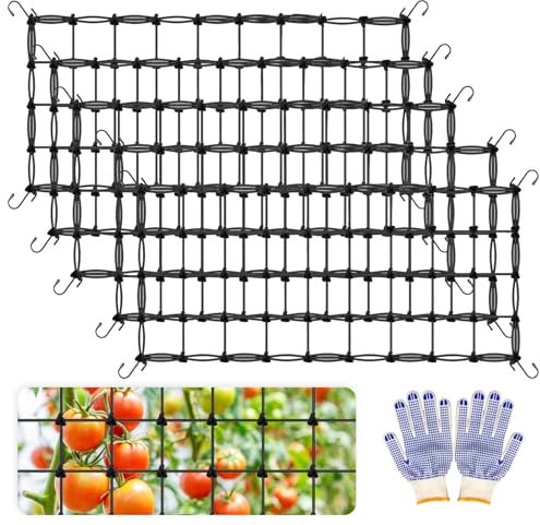 Red De Soporte para Plantas, 5PCS Red De Crecimiento para Tienda De Campaña Enrejado Elástico con 30 Ganchos para Frutas Plantas Trepadoras Pepinos Tomates