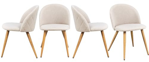 FurnitureR Lot de 4 Chaises de Salle à Manger Modernes en Forme de Coquillage, Tissu Beige Doux avec Pieds en Métal, Sièges de Cuisine Elégants