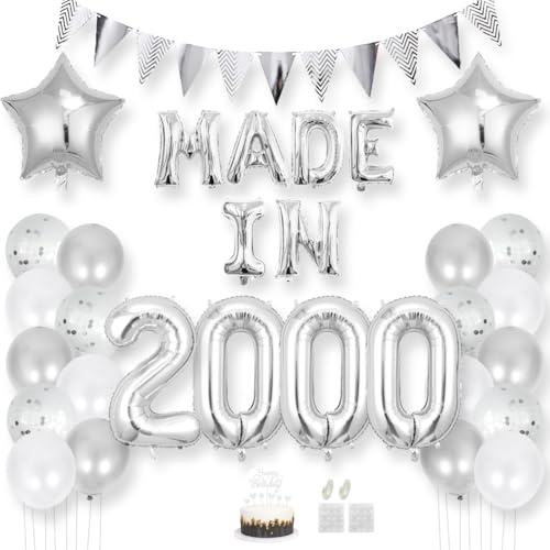 Daimay Happy 25 Birthday Balloon Banner Decorations Silver MADE IN 2000 Aluminum Foil Letters Balloons Latex Confetti Balloons Triangle Flag Party Supplies Cake Topper for Men Women Photo Props