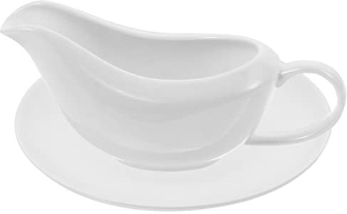 IUokLU with Saucer Ceramic Sauce Boat Gravy Dish Milk Creamer Jug Pitcher Gravy Dispenser Pitcher with Tray Dripless Lip Spout for Sauces Dressings Creamer,