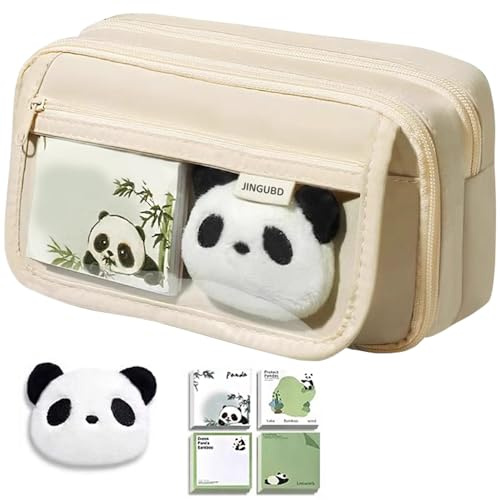 YGCHEN Federmäppchen Panda Mäppchen Kawaii Federtasche Große Kapazität Schreibwaren Tasche Panda Pencil Case Schreibwaren Organizer mit Haftnotizen, Brosche 3 Stück