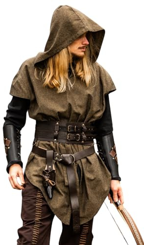 Leonardo Carbone® Herren Tunika Waldläufer Arais | Mit Kapuze | V-Ausschnitt | Karneval, Halloween, Cosplay, LARP, Mittelalter, Kostüm, Gewandung, Kleidung | 100% Baumwolle