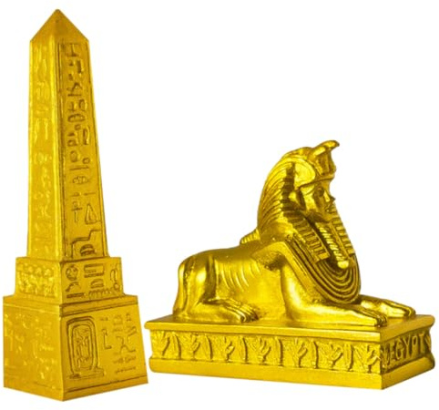 SOLUSTRE Ägyptischer Obelisk im Ägyptischen Stil mit Sphinx Statue aus Kunstharz sichere und Wiederverwendbare Deko Goldfarbene Tischdekoration für Büro und Wohnraum