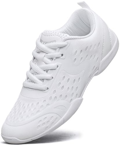 FUQIAO Girls White Cheerleading Shoes Breathable Youth Cheer Sneakers Cheerleader Competition Athletic Training Dance Tennis Shoes, White 13 Little Kid