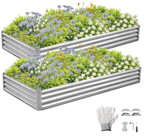 LEADZM Hochbeet Metall 240x120x30 cm (2er-Set) - Rechteckig hochbeete für Garten Metall ohne Sockel - Mit Zubehörsatz & Handschuhen - Leicht aufzubauen, wetterfest & langlebig, Silber