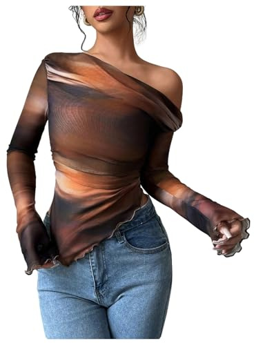 GORGLITTER Women's One Off The Shoulder Tops Asymmetrical Ruched Tie Dye T Shirts Long Sleeve Going Out Party Tops Brown S