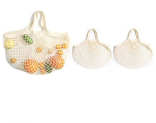 LZMS 3PCS Reusable Vegetable & Fruit Cotton Mesh Bags,Grocery Net Tote,Washable Farmers Market Storage (Short Handle)