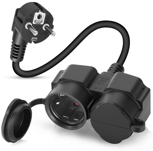 BOSYTRO Verlängerungskabel mit Schuko Steckdosen, Doppelsteckdose mit 2 Steckdosen und Staubschutzabdeckungen, Außen Doppelstecker für Innen und außen, Max 3500W, 16A 250V, IP44, 0.25M Stromkabel