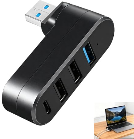 4 Port USB 3.0 Splitter, USB Hub Drehbar mit USBC Anschluss, Mini Verteiler Adapter, 1x USB3.0 + 2X USB2.0 + 1x USBC, 5Gbps Datenübertragung, 90°/180° Drehbar, für Laptop MacBook PC Tastatur Maus