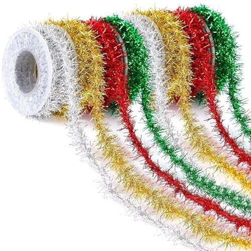 8PCS Christmas Tinsel Strands Mini Tinsel Garland Christmas Tree Decorations Metallic Tinsels Wire Xmas Glitter Ribbon for Gift Wrapping DIY Craft Supplies Wedding Birthday Party Decor 4 Colors