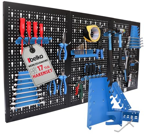 Belko Panel de herramientas azul 120 x 60 cm, incluye juego de 17 piezas de ganchos y estantes, pared perforada de metal con soporte para herramientas, sistema de ranuras para taller, garaje y sótano