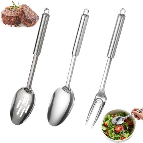 3 Stück Salatbesteck Edelstahl, Vorlegebesteck, Servierlöffel Edelstahl, Servierlöffel Groß Ideal für Familien und Restaurantbuffets, Robustes Küchenzubehör für Salate und Speisen