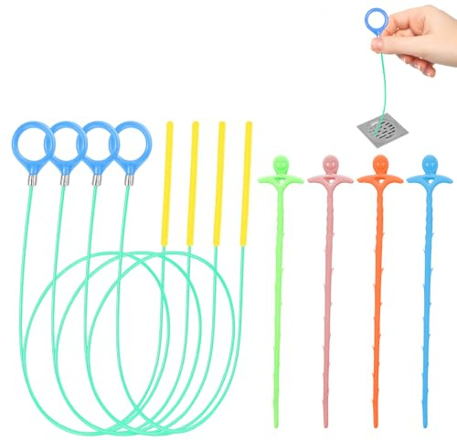8PCS Drain Unblocker, Drains Snake Set, 90cm Sink Unblocker Tool for Bathroom and Kitchen, Sink Plunger with Drain Brush, Long, Flexible and Reusable Ideal for Hair Clogs and Pipe