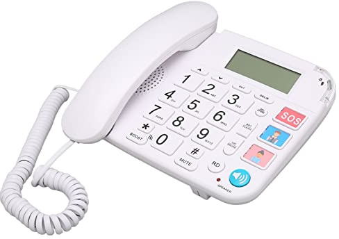 SUNGOOYUE Téléphone Filaire à Grosses Touches pour Personnes âgées, Téléphone Fixe en ABS Blanc avec Numérotation à 3 Vitesses, Indicateur LED, Réduction du Bruit, Voix Haute Définition