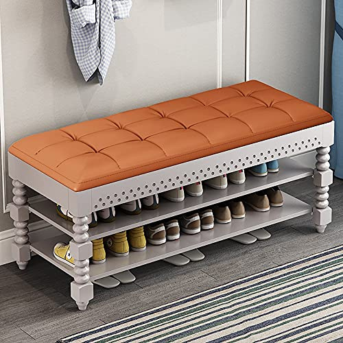 Banco de almacenamiento de 2 niveles con asiento de cuero para zapatos y estante de 440 libras de capacidad, elegante baúl de almacenamiento para vestíbulo, dormitorio y sala de estar, fácil montaje