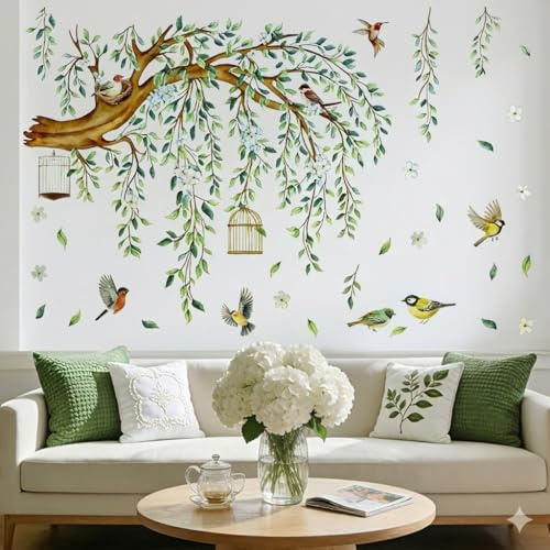Blätter Wandsticker Wanddeko, Großer Baum Wandaufkleber,Blätter Pflanze Vögel Wandsticker Groß, Wandtattoo Grüner Baum Ast Blüten,für Wohnzimmer, Kindergarten Schlafzimmer Sofa Hintergrund Wanddeko
