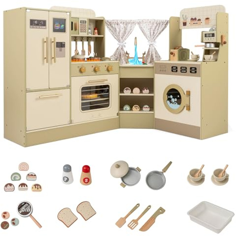Costzon Kids Corner Play Kitchen, Pretend Play Kitchen Playset w/Stoves, Coffee Machine, Refrigerator, Microwave, Toaster & Accessories, Wooden Toy Kitchen Set for Boys Girls 3+