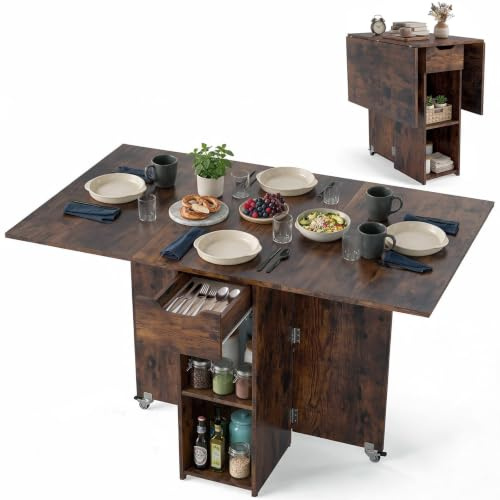 LIFEZEAL Tavolo da pranzo pieghevole con 1 cassetto e 2 ripiani, tavolo allungabile in legno con 2 ruote, 4-6 persone, sala da pranzo, soggiorno, cucina, max 65/70 kg (marrone, 120 x 72 x 75 cm)