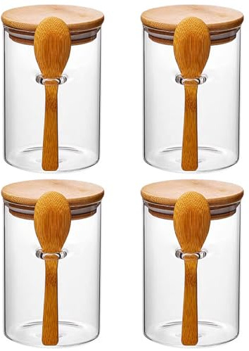 Barattoli di vetro con coperchio, confezione da 4 barattoli di vetro - di avena ermetici da 600 ml per la notte con coperchi e cucchiaio in bambù, contenitori per alimenti ad alto contenuto