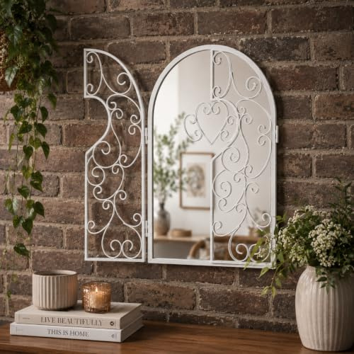 White Arched Window Mirror with Opening Shutters 50cm Metal Frame