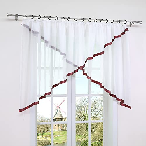 HongYa Kräuselband Kuvertstore Transparenter Voile Gardine mit Satinbänder H/B 120/400 cm Bordeaux
