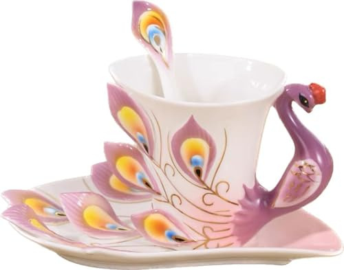 YBK Tech - Set di tazze da caffè in ceramica con motivo a pavone e piattino, colore: viola